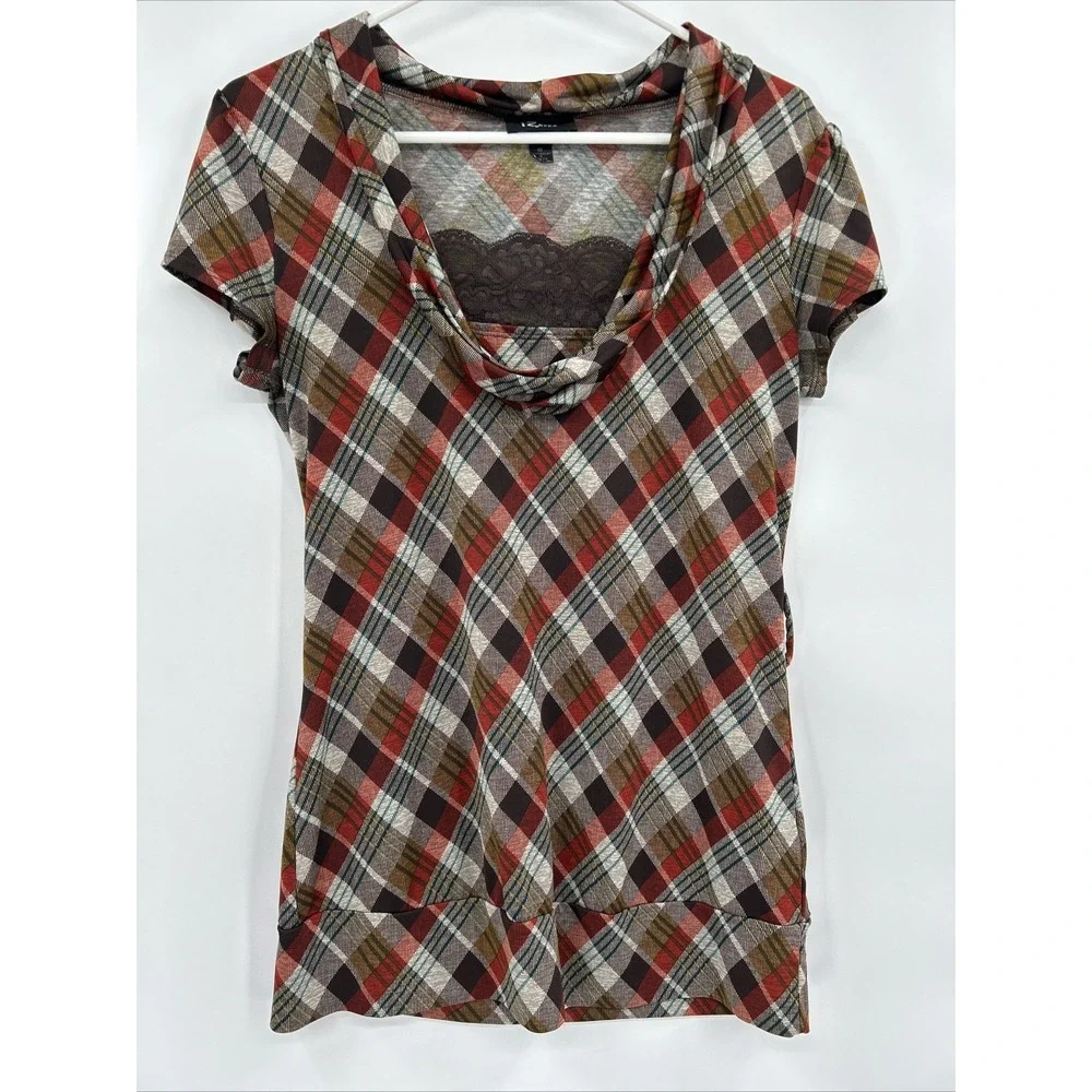 Iz Byer Womens Y2K Cap Sleeve Plaid Top Size‎ Medium Brown Academia Grunge Bratz